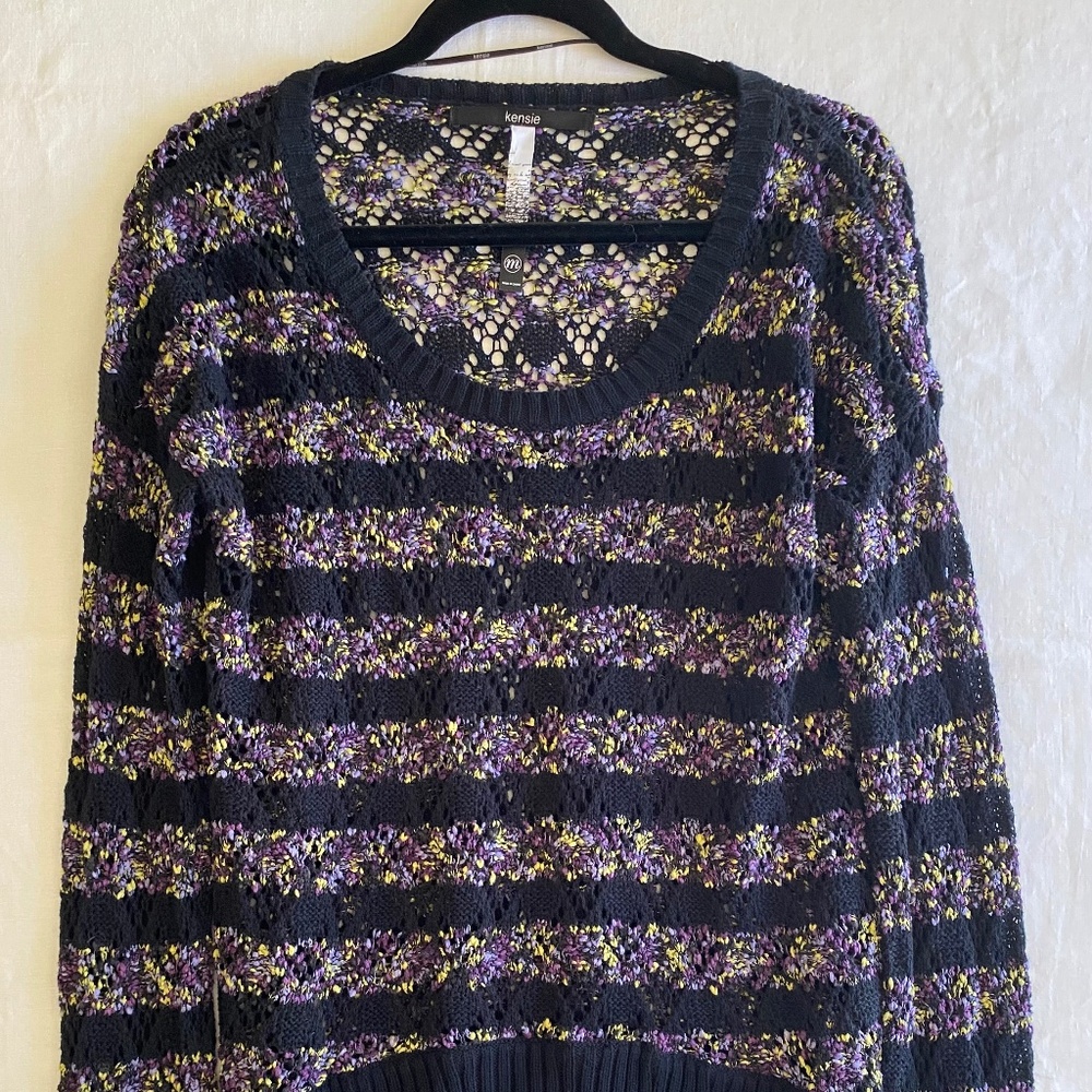 Kensie Black Purple Yellow Mesh Knit Pull Over Sweater Size Medium